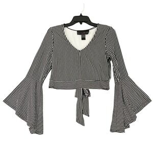 Polly Esther Striped Bell Sleeve Tie Back Crop Top Blouse Black White Med Womens